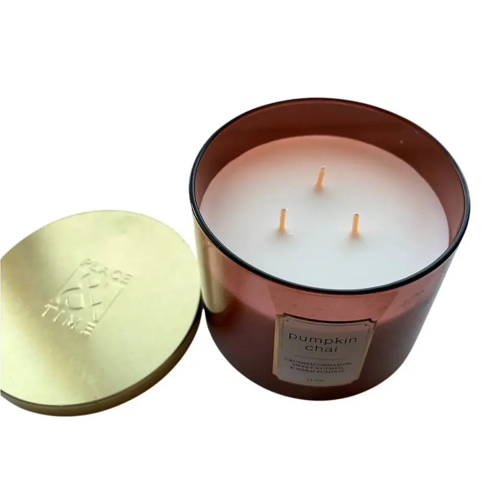 Place & Time Fall Candles Pumpkin Chai 3-Wick 15oz Candle Scented NEW 25 Hr Burn